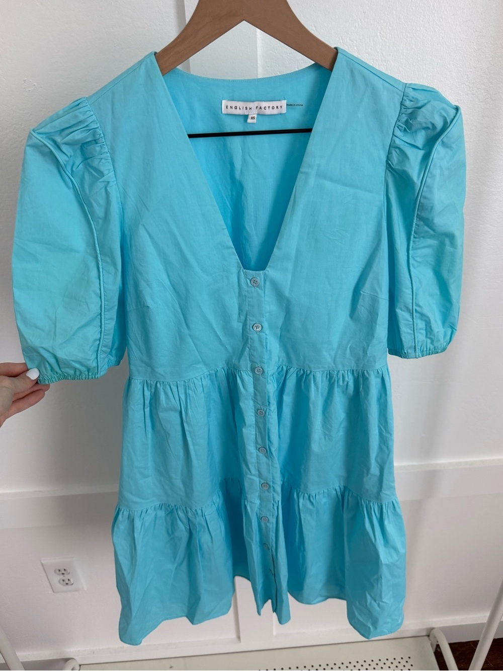 English Factory Blue Button-Front Puff Sleeve Mini Dress